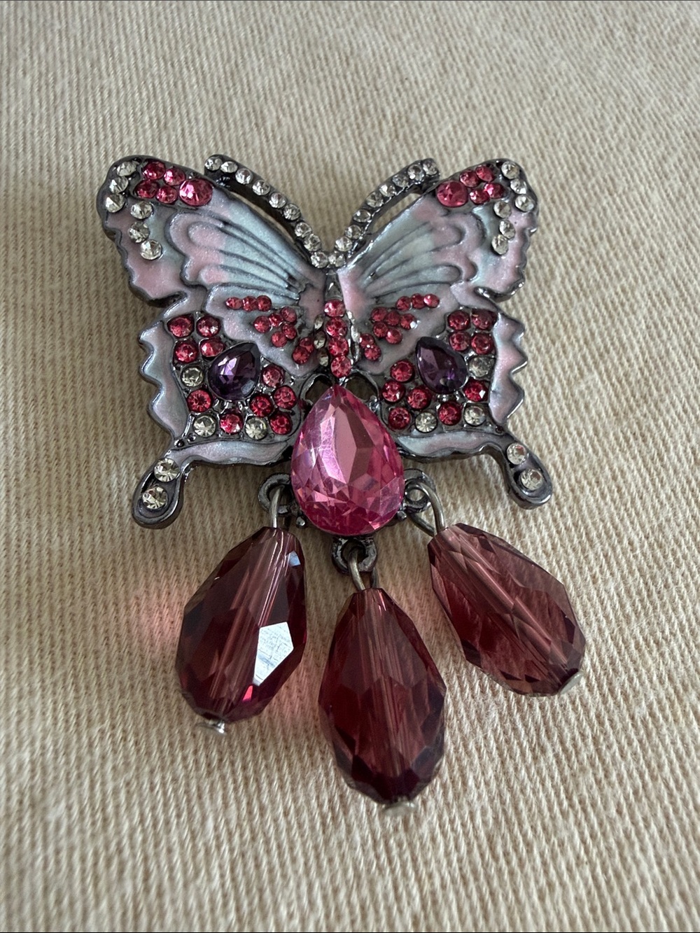 Pink Butterfly Crystal Brooch with Dangling Purple Teardrops